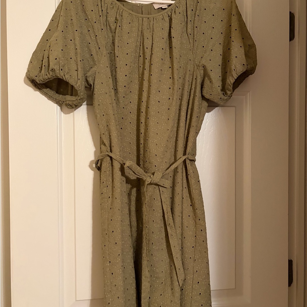 LOFT Olive Eyelet Midi Dress with Tie Waist